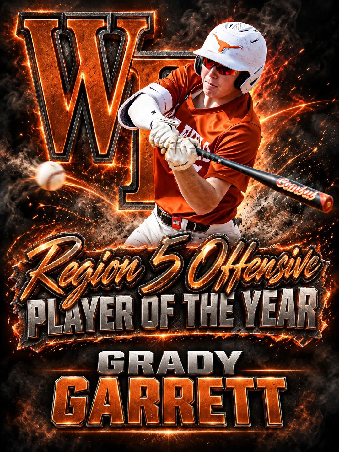 Region 5 Offensive Player of the Year baseball graphic for Grady Garrett with fiery 3D chrome lettering