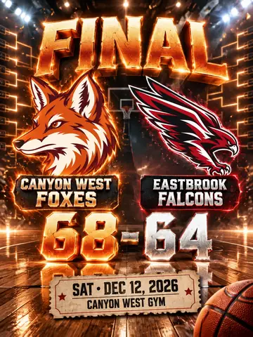Basketball final score graphic showing Canyon West Foxes 68 and Eastbrook Falcons 64, with both team logos