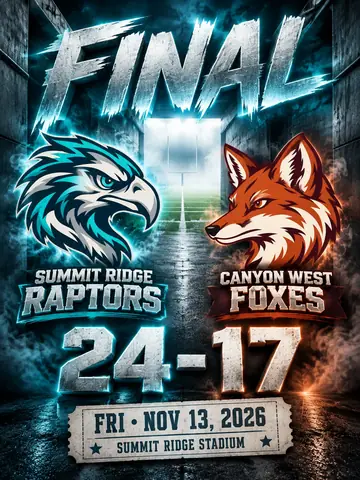 Football final score graphic showing Summit Ridge Raptors 24 and Canyon West Foxes 17, with both team logos