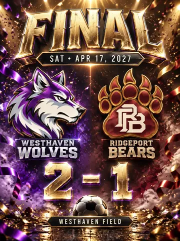 Soccer final score graphic showing Westhaven Wolves 2 and Ridgeport Bears 1, with both club marks