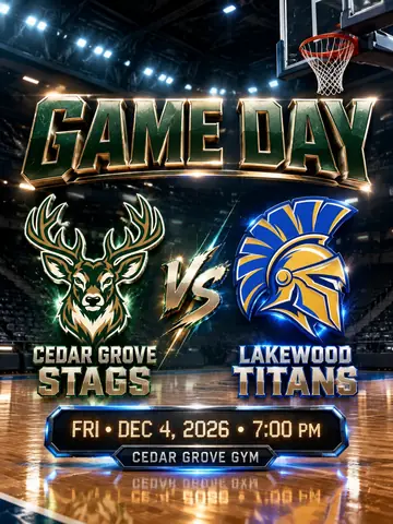 Basketball game day graphic for Cedar Grove Stags vs. Lakewood Titans with the matchup, tip-off time, and Cedar Grove Gym