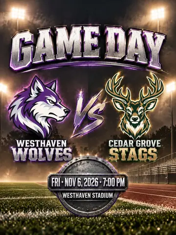 Football game day graphic for Westhaven Wolves vs. Cedar Grove Stags, with kickoff time and Westhaven Stadium beneath the team logos