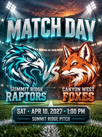 Soccer match day graphic for Summit Ridge Raptors vs. Canyon West Foxes with kickoff at Summit Ridge Pitch