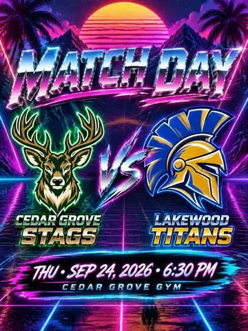 Volleyball match day graphic for Cedar Grove Stags vs. Lakewood Titans with the match time and gym