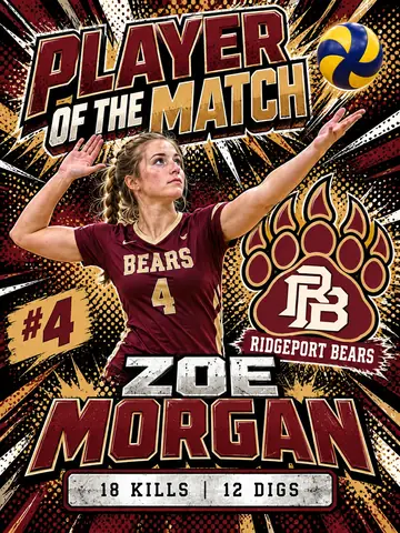 Volleyball Player of the Match graphic featuring Ridgeport Bears player Zoe Morgan, number 4, with 18 kills and 12 digs