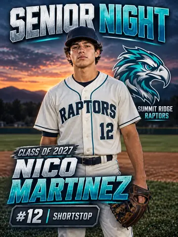 Senior Night baseball poster for Nico Martinez, Raptors number 12, Class of 2027, at a ballpark at dusk