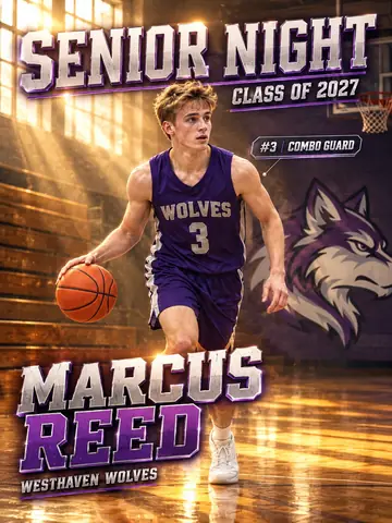 Senior Night basketball poster for Marcus Reed, Wolves number 3, Class of 2027, on a sunlit hardwood court