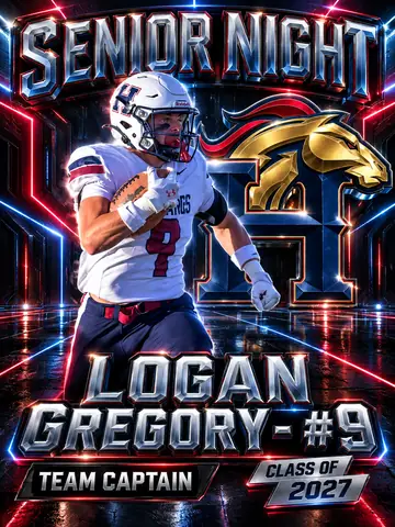 Senior Night football poster for Logan Gregory, number 9, Mustangs team captain, Class of 2027, in chrome lettering over neon light trails