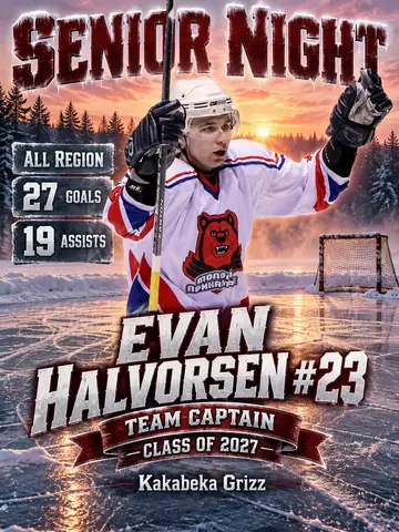 Senior Night hockey poster for Evan Halvorsen, number 23, Kakabeka Grizz team captain, Class of 2027