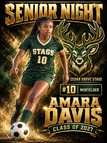 Senior Night soccer poster for Amara Davis, Stags number 10, Class of 2027, in gold foil lettering