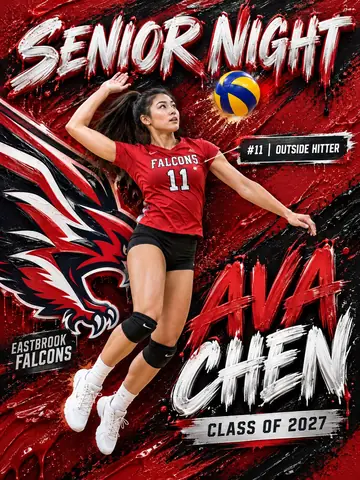 Senior Night volleyball poster for Ava Chen, Falcons number 11, Class of 2027, in red and white brush lettering