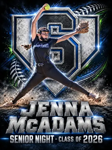 Senior Night softball poster for Jenna McAdams, pitching in front of a chrome team logo, Class of 2026