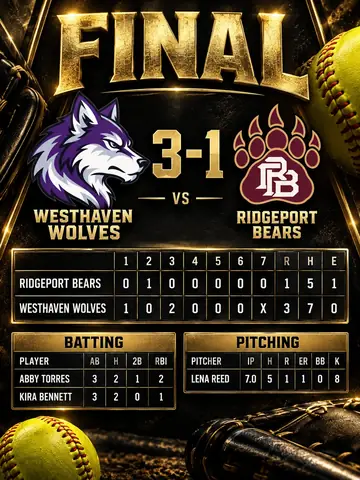 Softball full box-score recap for Westhaven Wolves and Ridgeport Bears with a 3-1 final, line score, and hitting and pitching highlights