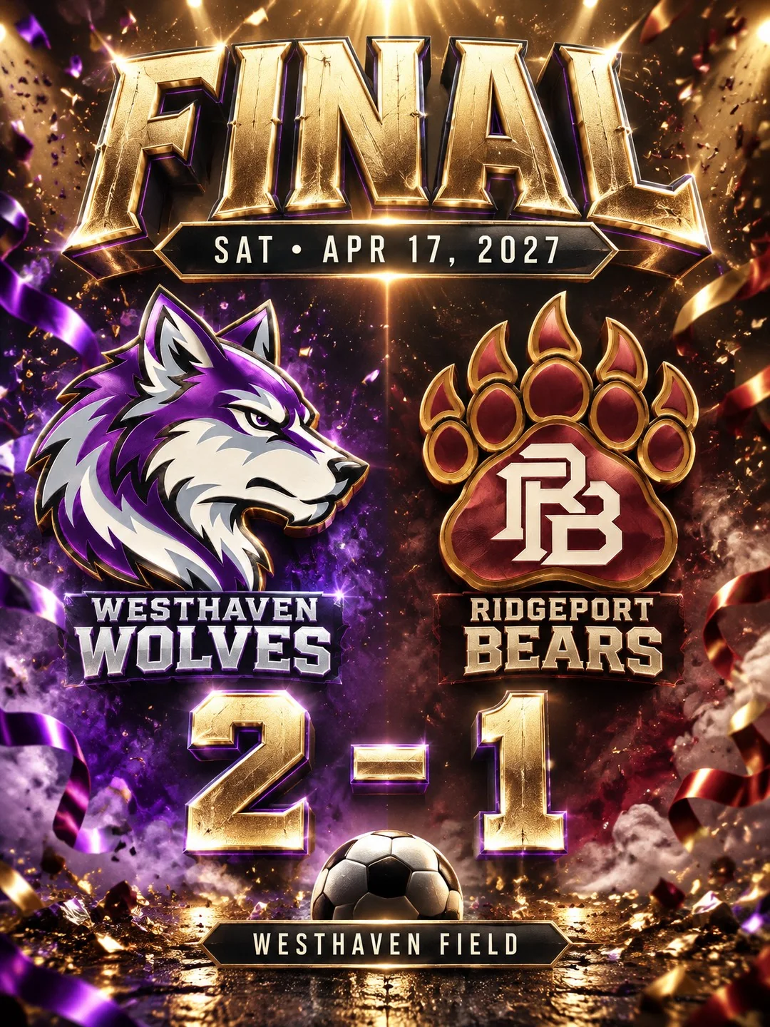 Soccer final score graphic showing Westhaven Wolves 2 and Ridgeport Bears 1, with both club marks