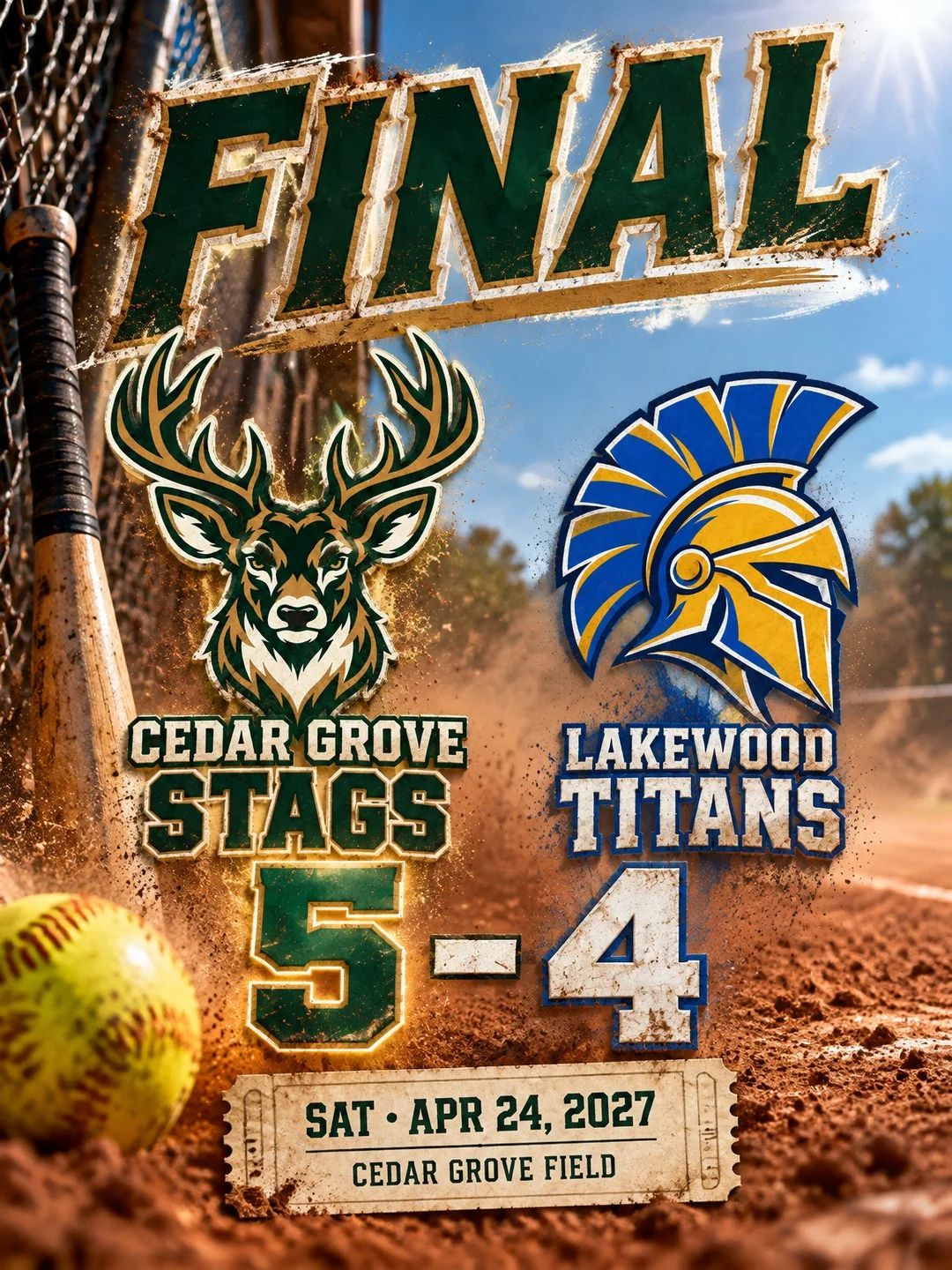 Softball final score graphic showing Cedar Grove Stags 5 and Lakewood Titans 4, with both team logos
