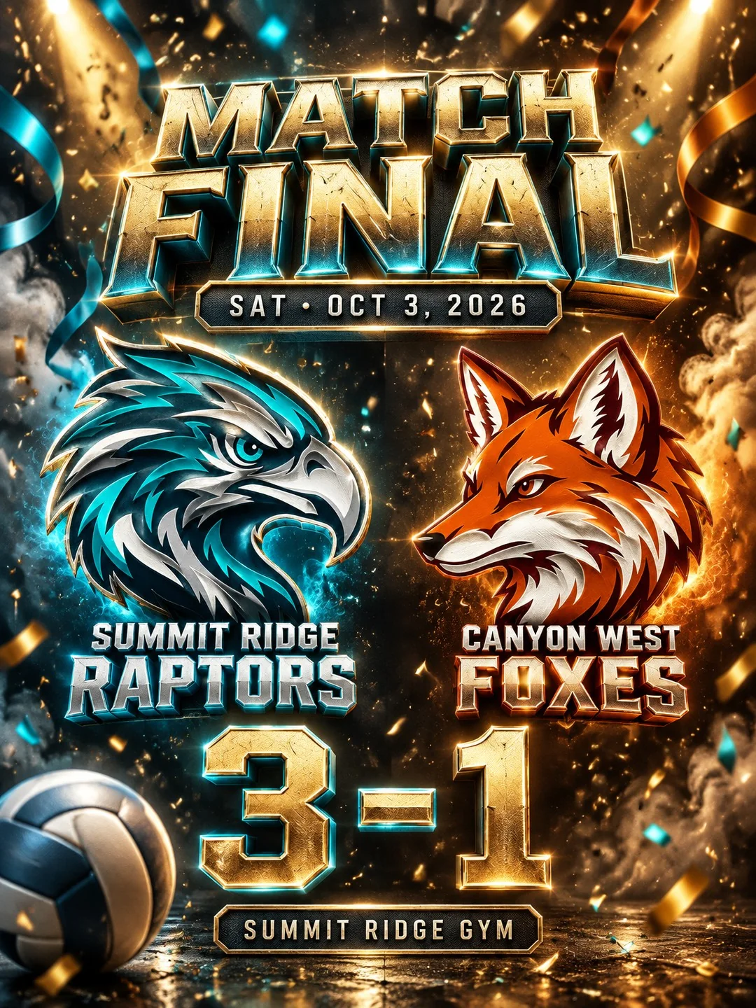 Volleyball final graphic showing Summit Ridge Raptors 3 and Canyon West Foxes 1, with both team logos