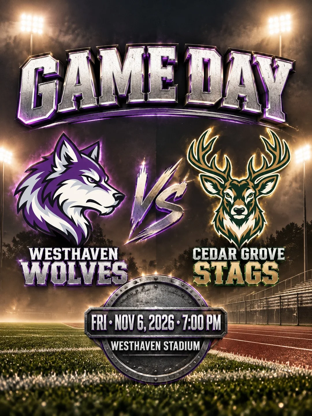 Football game day graphic for Westhaven Wolves vs. Cedar Grove Stags, with kickoff time and Westhaven Stadium beneath the team logos