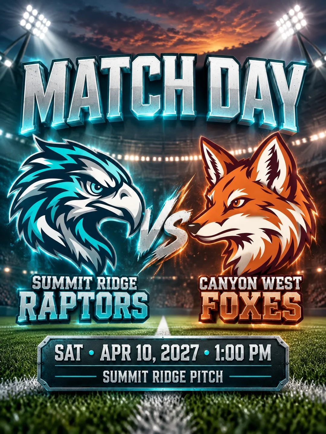 Soccer match day graphic for Summit Ridge Raptors vs. Canyon West Foxes with kickoff at Summit Ridge Pitch