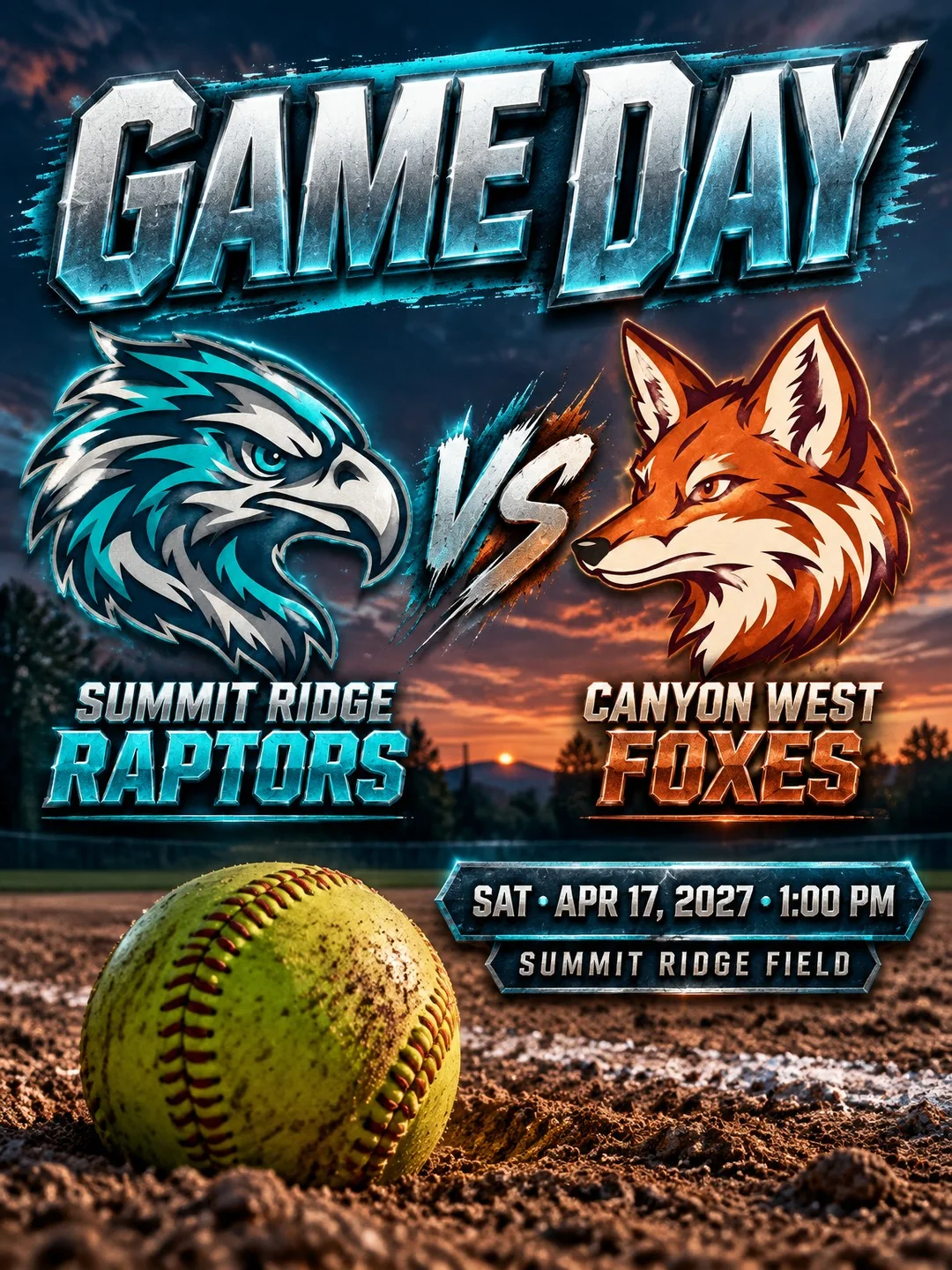 Softball game day graphic for Summit Ridge Raptors vs. Canyon West Foxes with first pitch at Summit Ridge Field