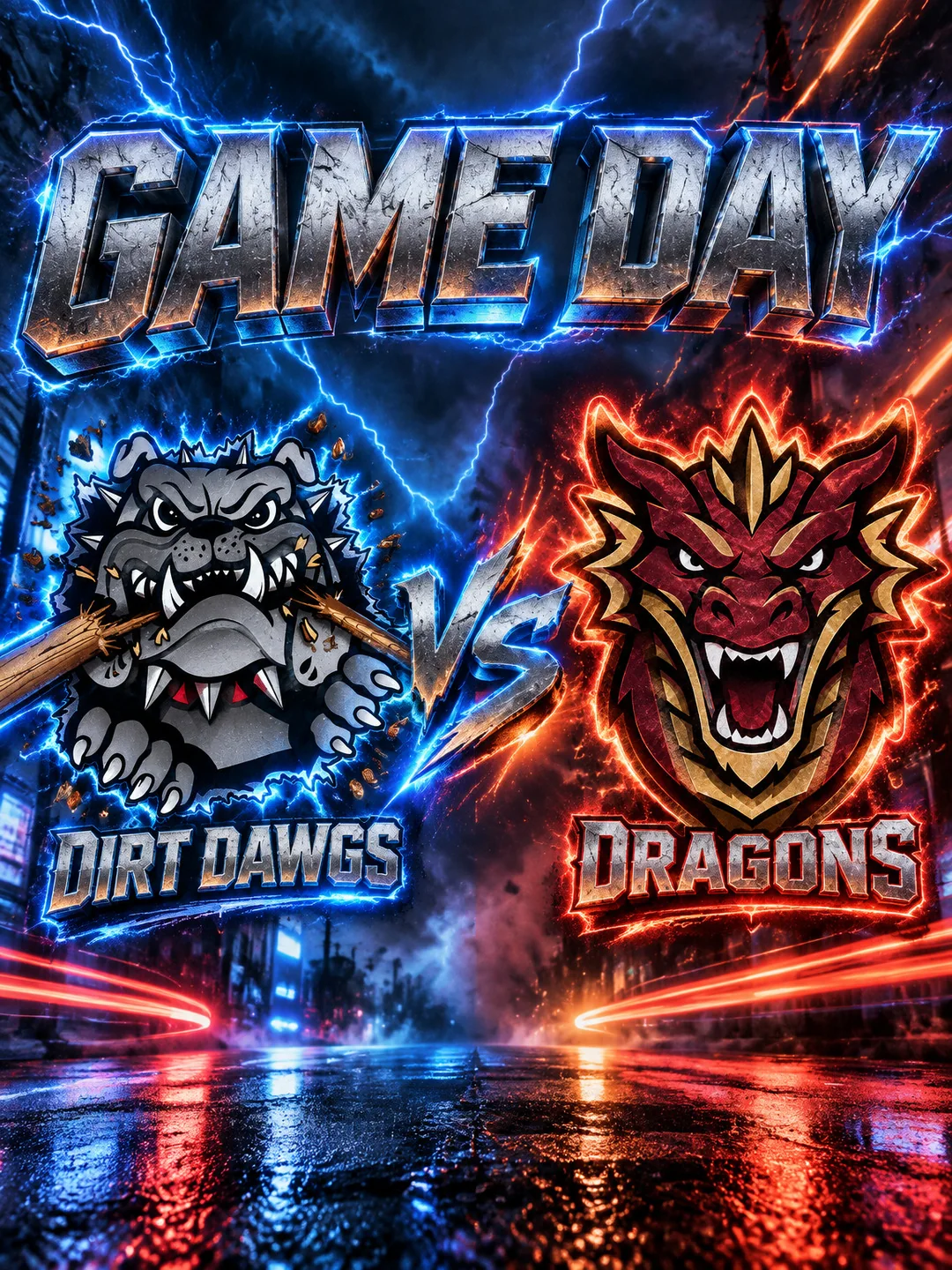 Game day matchup graphic with two mascot logos and a stadium backdrop