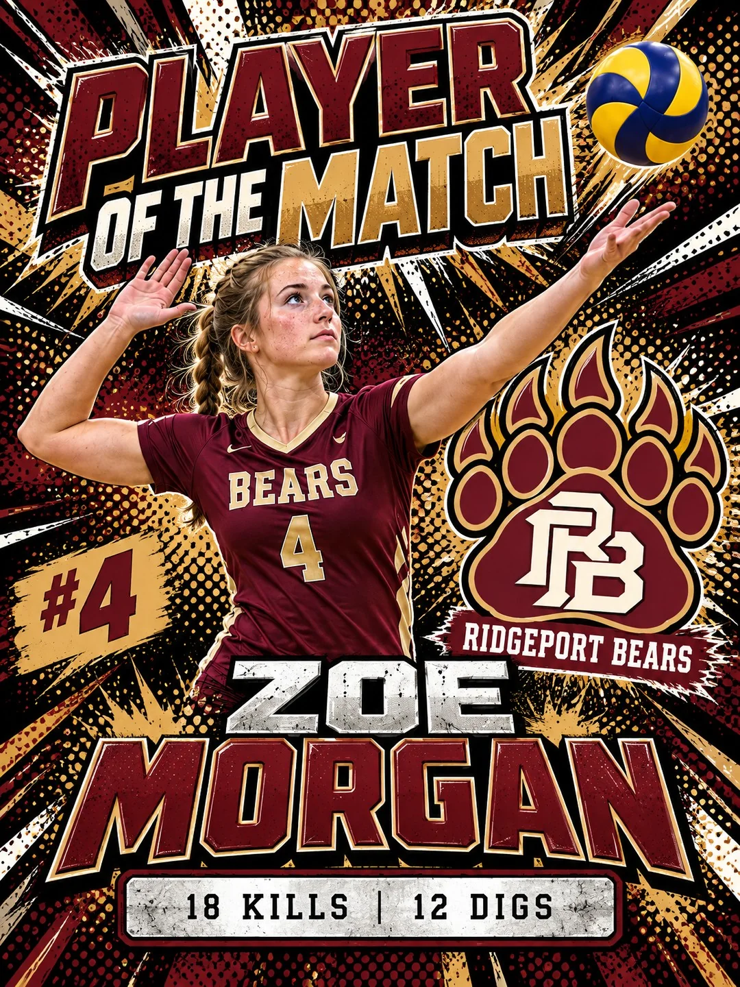 Volleyball Player of the Match graphic featuring Ridgeport Bears player Zoe Morgan, number 4, with 18 kills and 12 digs