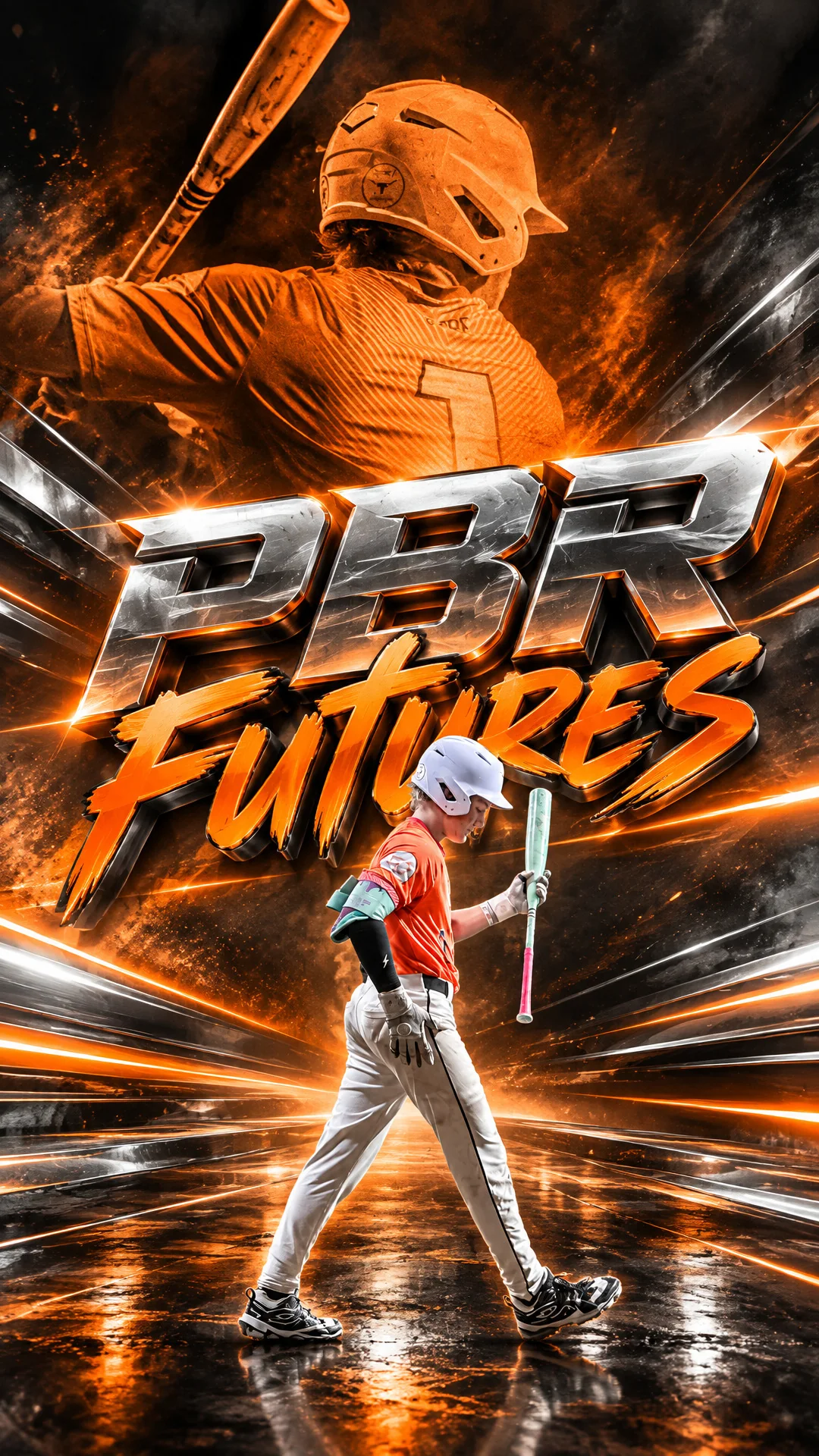 Baseball phone wallpaper with a giant ghosted batter behind the player and PBR Futures in chrome and orange lettering