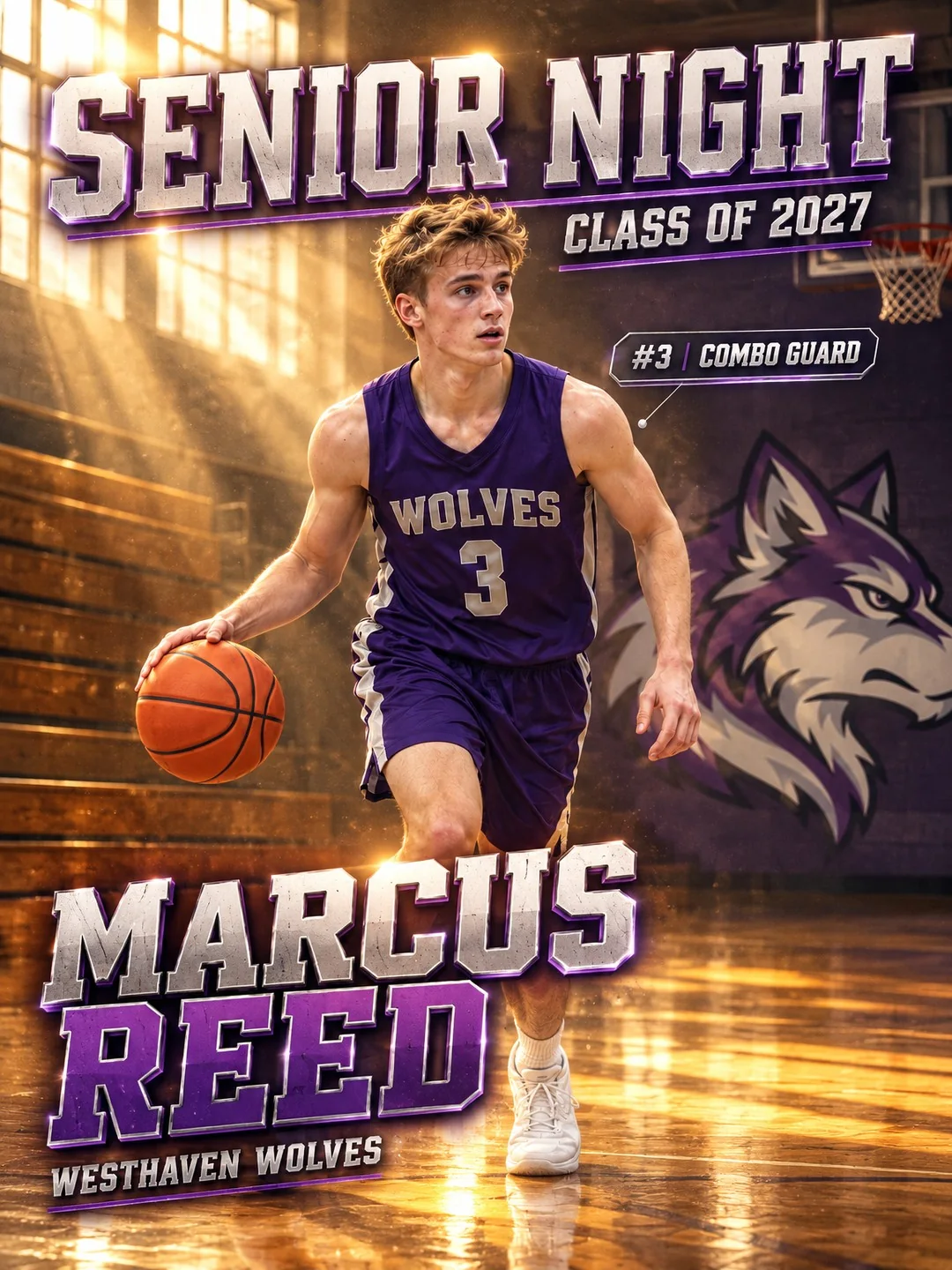 Basketball Senior Night poster for Westhaven Wolves combo guard Marcus Reed, number 3, Class of 2027