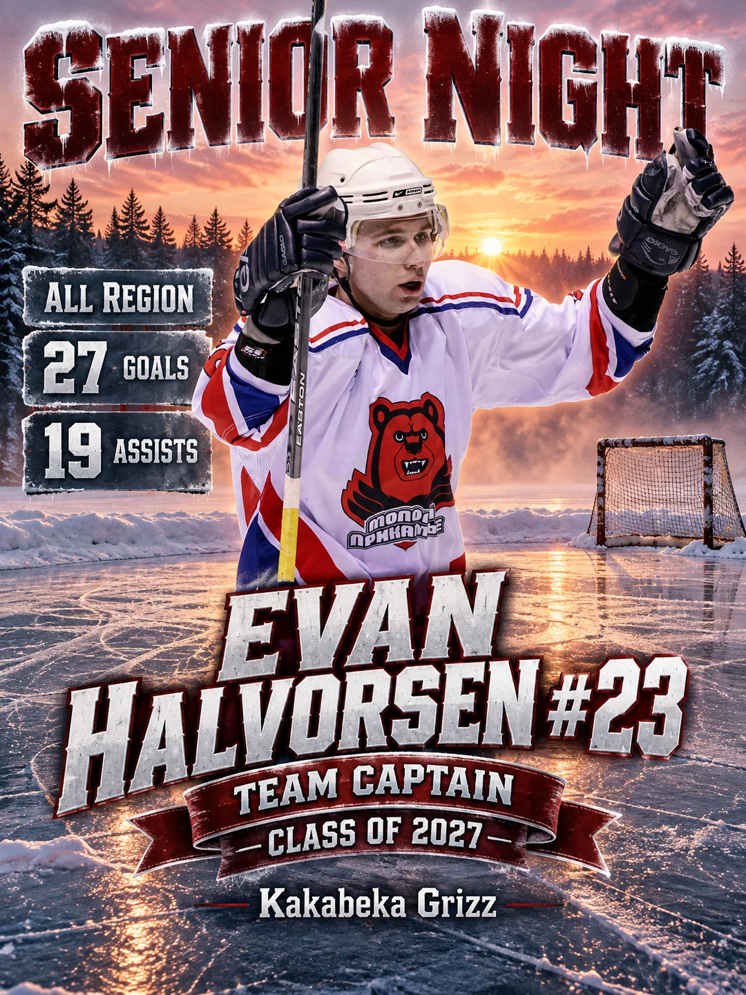 Senior Night hockey poster for Evan Halvorsen, number 23, Kakabeka Grizz team captain, Class of 2027