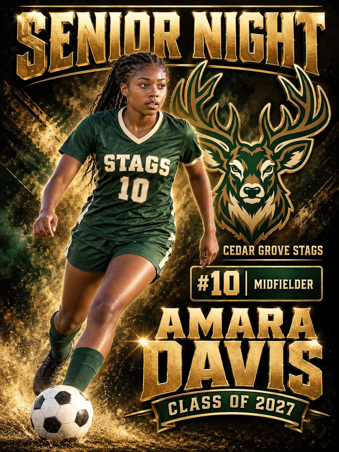 Soccer Senior Night poster for Cedar Grove Stags midfielder Amara Davis, number 10, Class of 2027