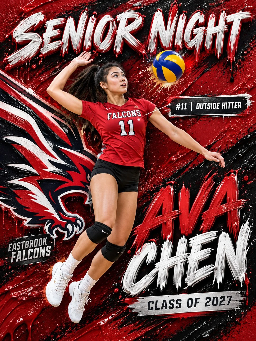 Volleyball Senior Night poster for Eastbrook Falcons outside hitter Ava Chen, number 11, Class of 2027