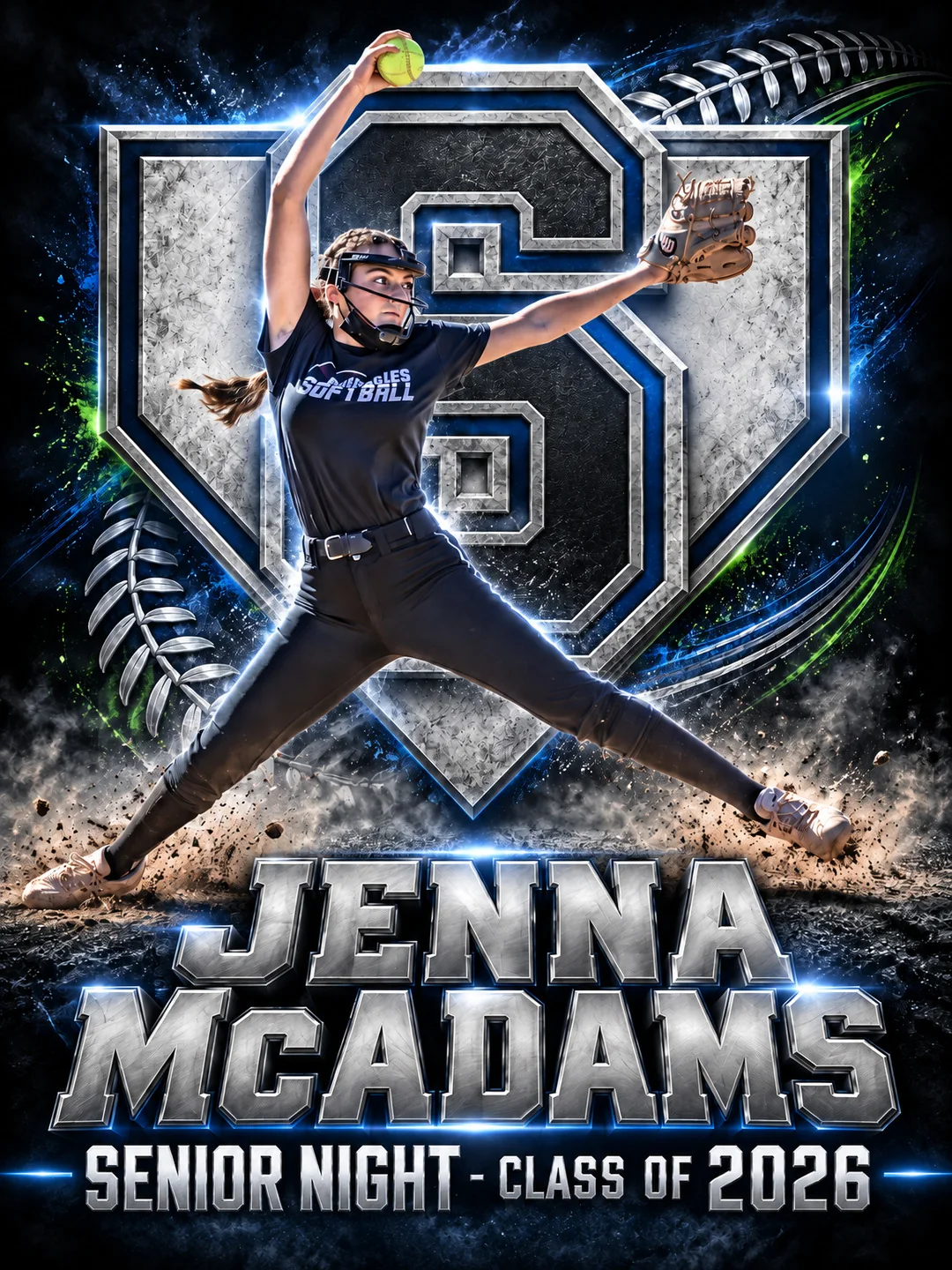 Senior Night softball poster for Jenna McAdams, pitching in front of a chrome team logo, Class of 2026
