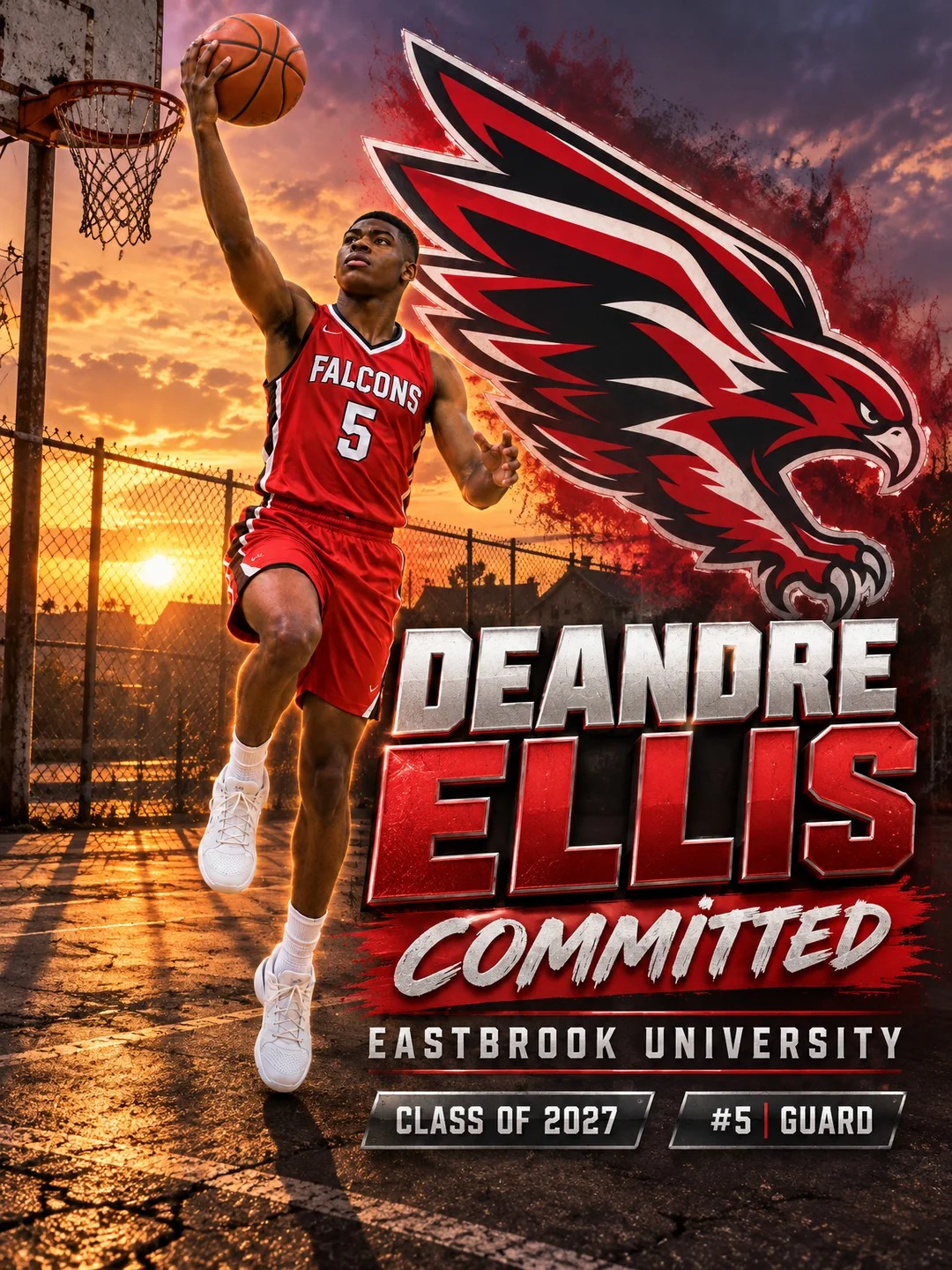 Basketball commitment graphic featuring Eastbrook Falcons guard DeAndre Ellis, number 5, with Eastbrook University