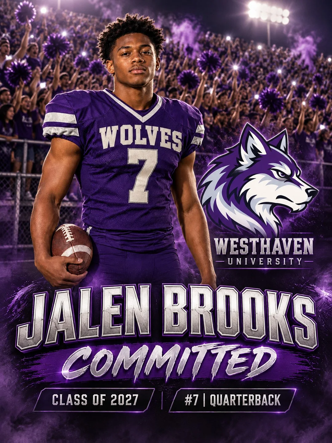 Football commitment graphic featuring Westhaven Wolves quarterback Jalen Brooks, number 7, Class of 2027, with Westhaven University