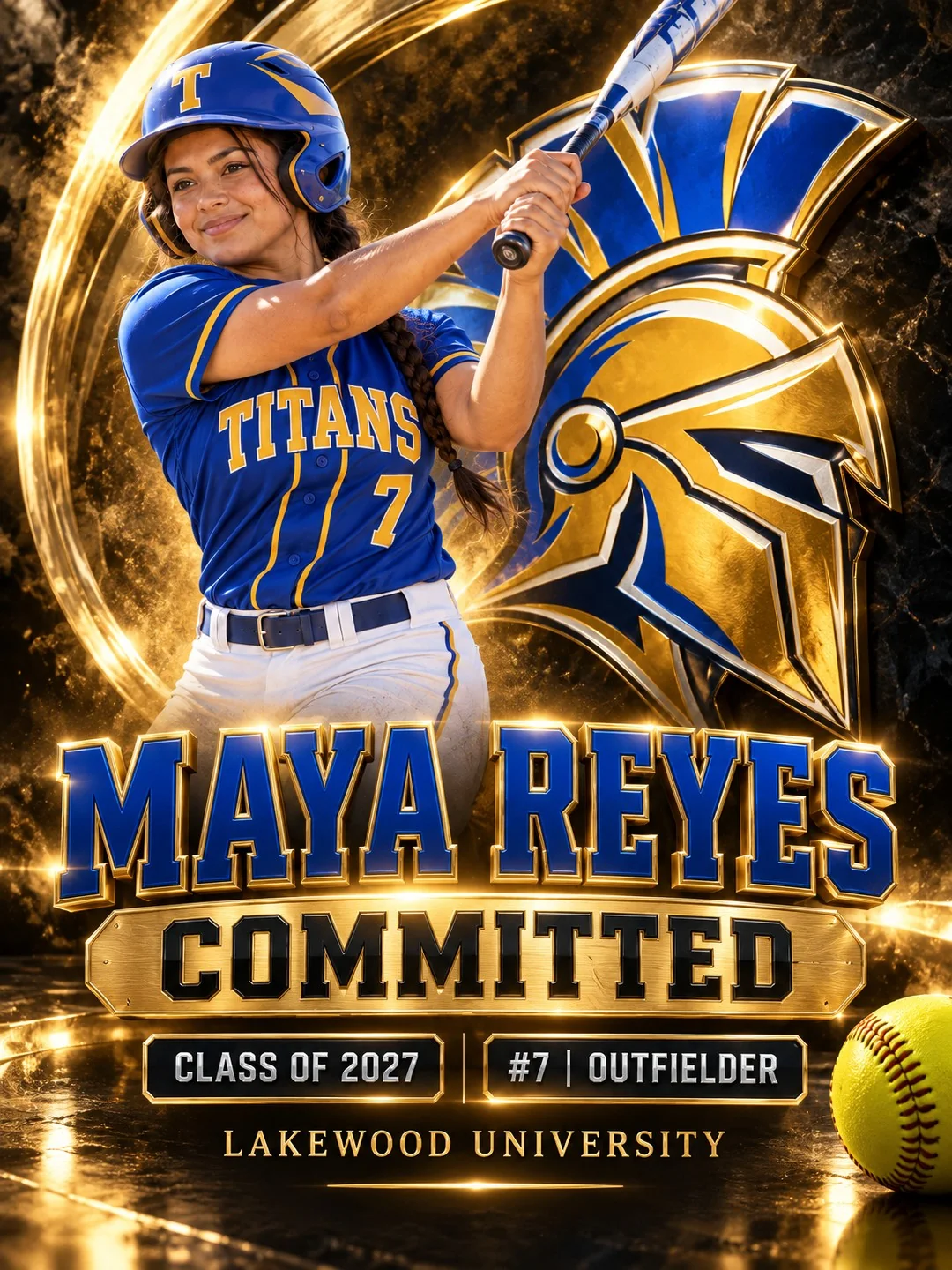 Softball commitment graphic featuring Lakewood Titans outfielder Maya Reyes, number 7, Class of 2027, with Lakewood University