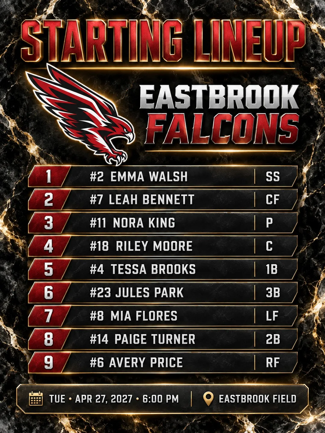 Softball starting lineup graphic listing nine Eastbrook Falcons players with jersey numbers and field positions