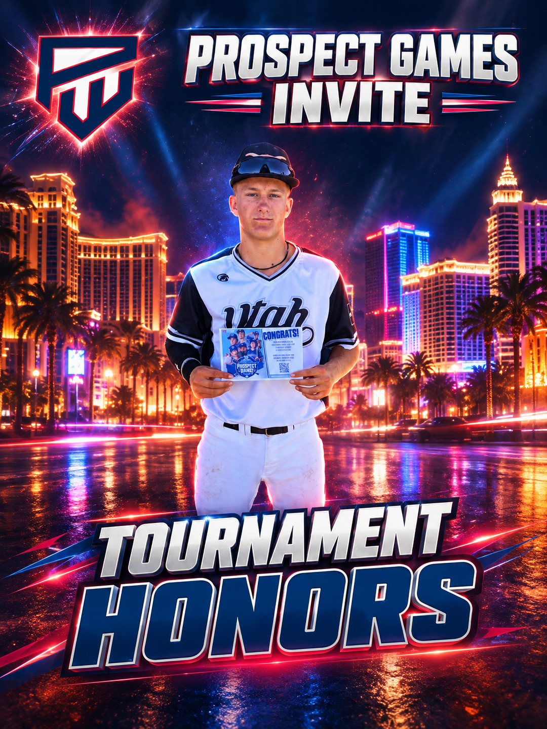 Tournament award graphic with the event logo in the top corner and the athlete as the hero